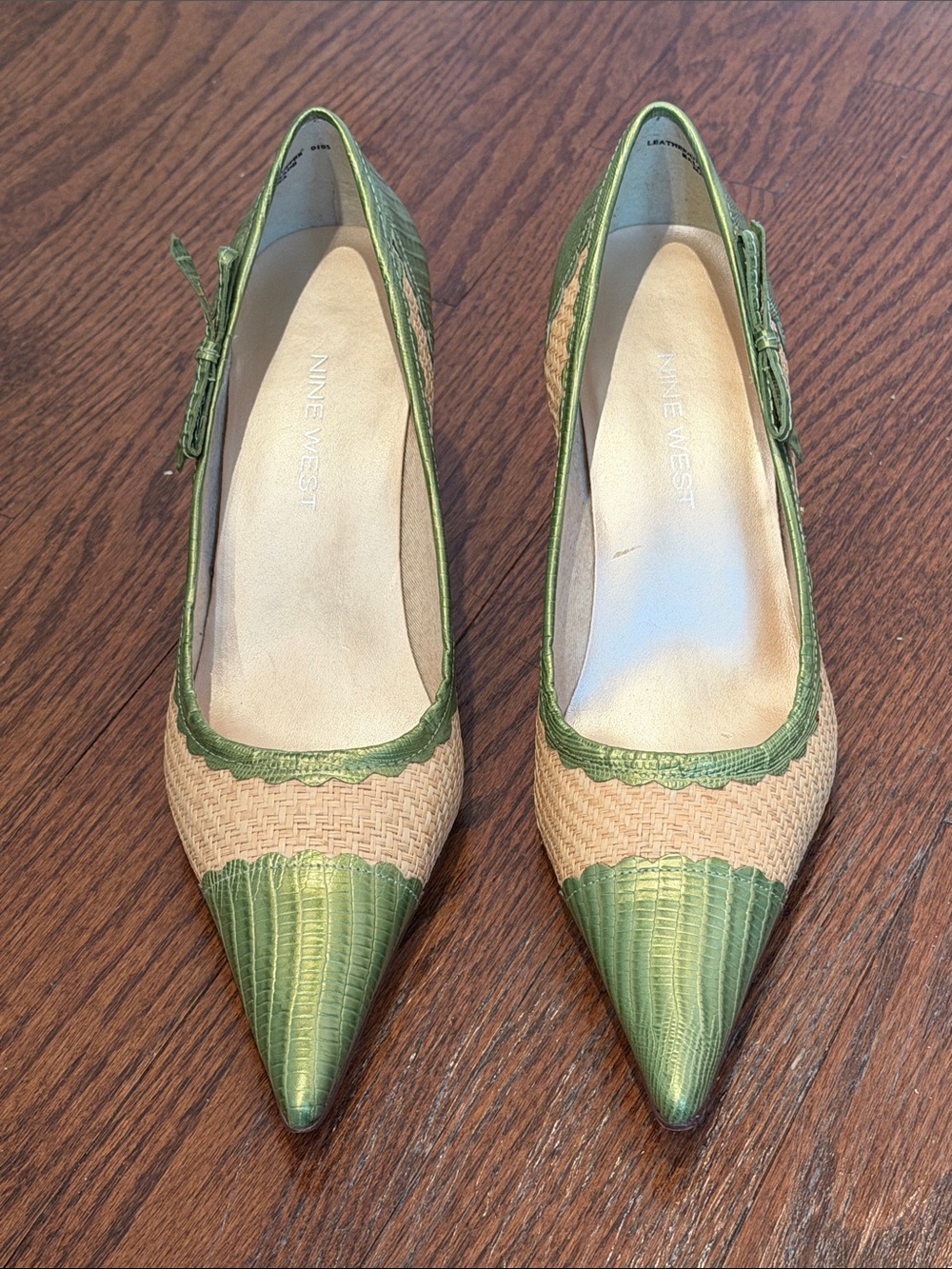 Nine West Green and Tan Pointed-Toe Heels with Bow Detail